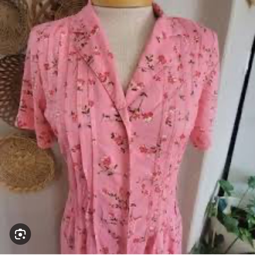 Blair Pink Cherry Blossom Rayon S/Sleeve Midi Dress Cottagecore Fit Flare Sz M